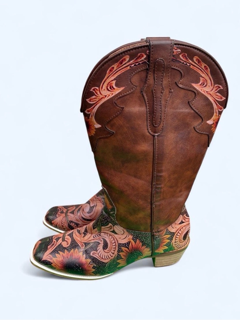 Brown Western Cowgirl Boots - Floral Accent